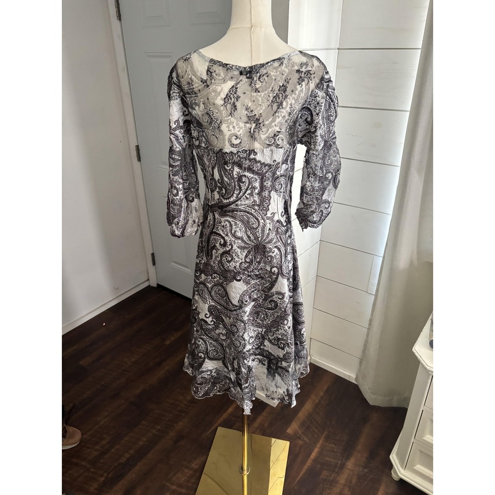 Komarov Dress Womens Large Black Paisley Pleated Chiffon Fit Flare Midi Crinkle
